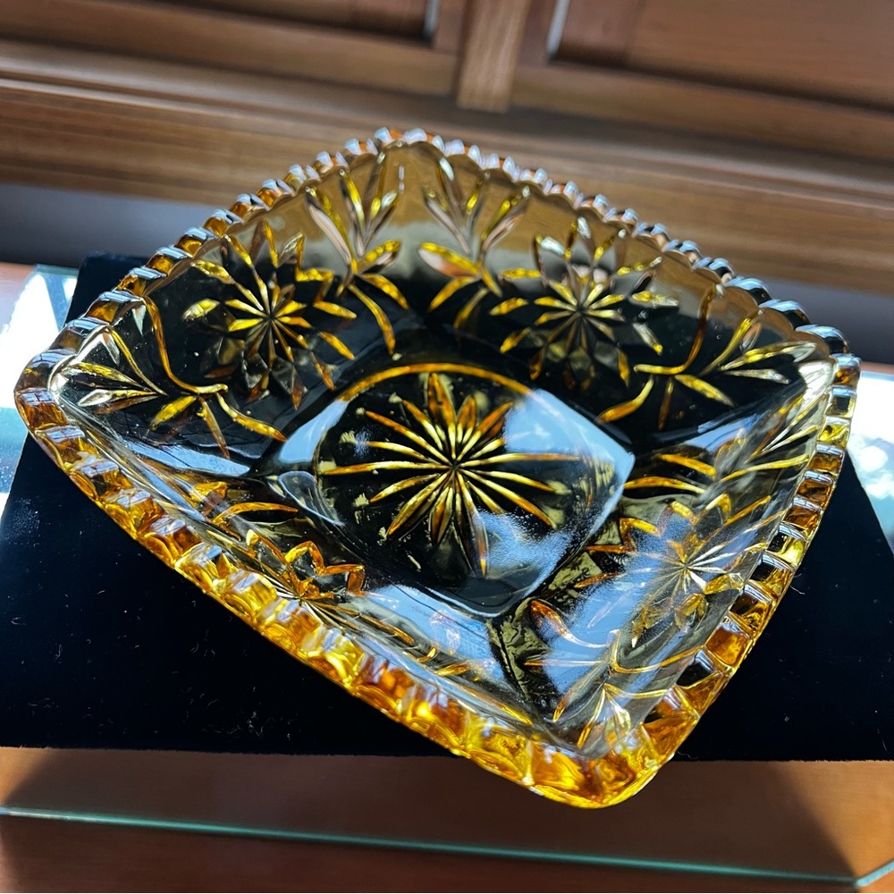 Vintage Amber Cut Glass Square Bowl.  Floral Pattern